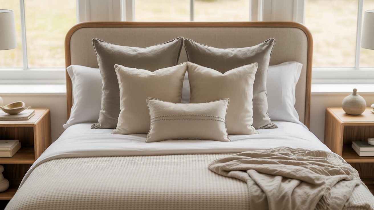 Cozy bedroom with a neatly made bed featuring stacked beige and cream pillows. Soft lighting from large windows creates a serene, inviting atmosphere.