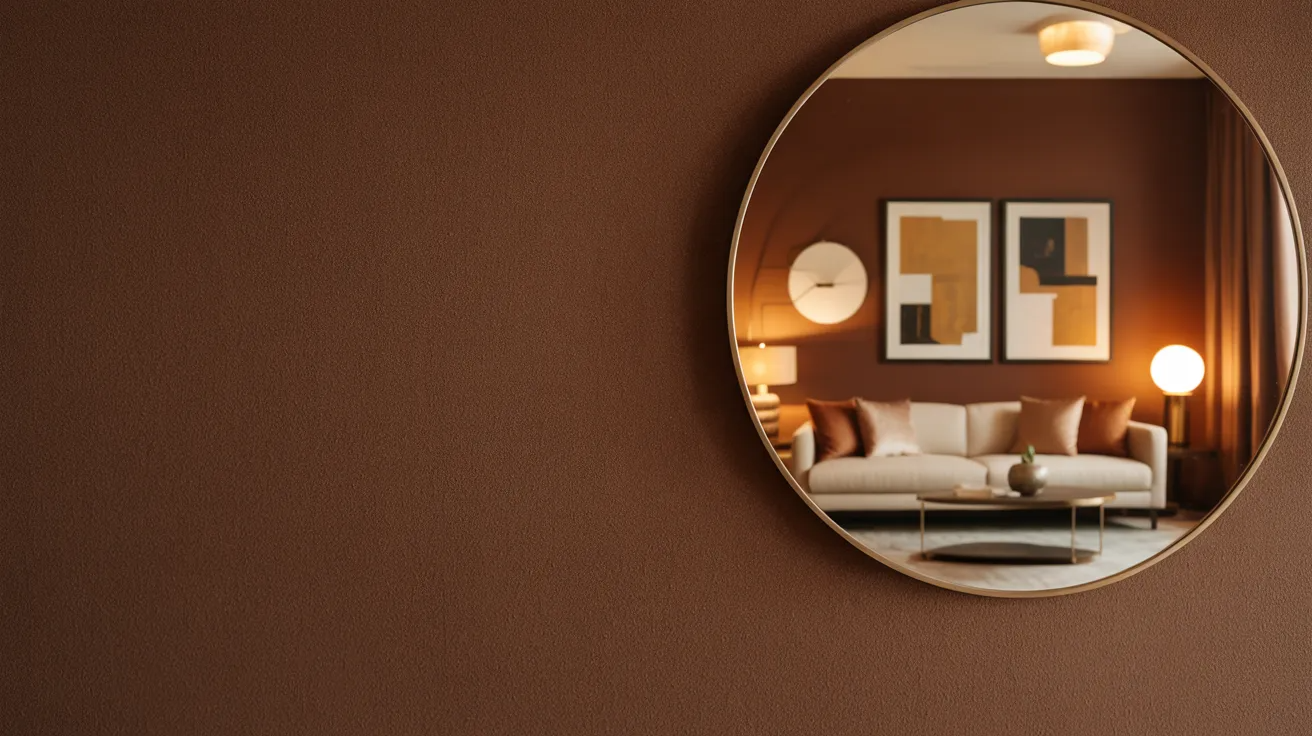 A round mirror on a brown wall reflects a cozy living room with a beige sofa, abstract art, and warm lighting, conveying a modern, inviting ambiance.
