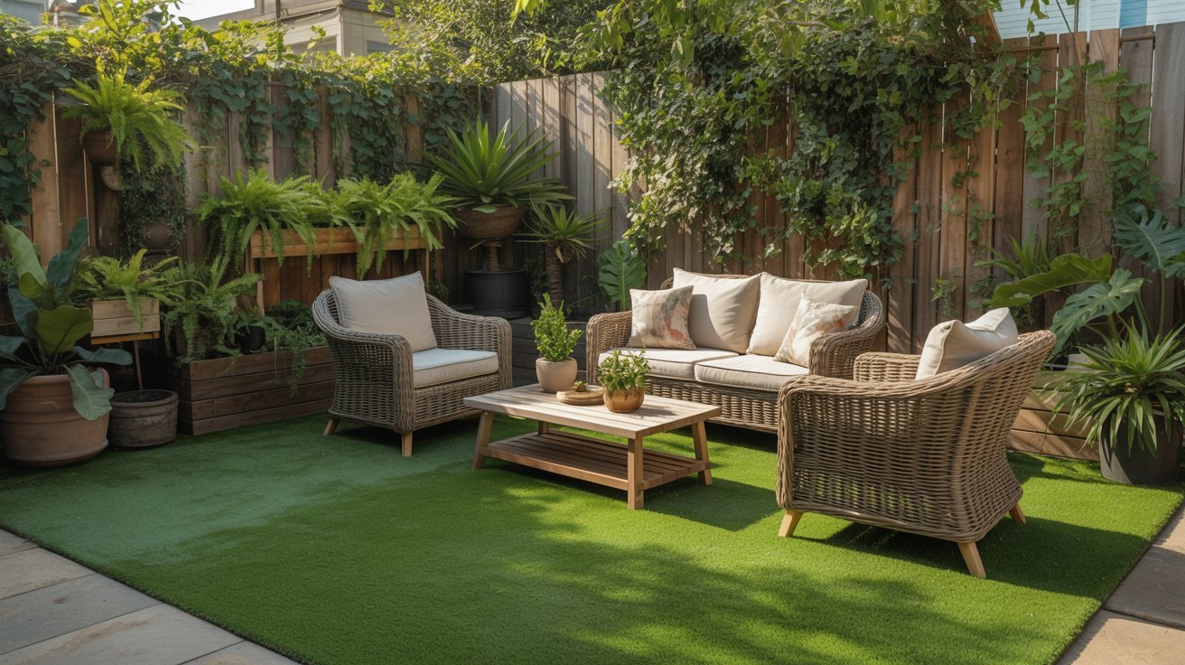 Cozy backyard with wicker furniture and green cushions on a vibrant artificial grass mat. Surrounding lush plants create a tranquil, inviting ambiance.