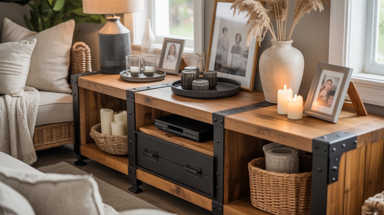 Cozy living room with a wooden console table displaying candles, framed photos, a vase with pampas grass, and wicker baskets. A lamp softly illuminates the space.
