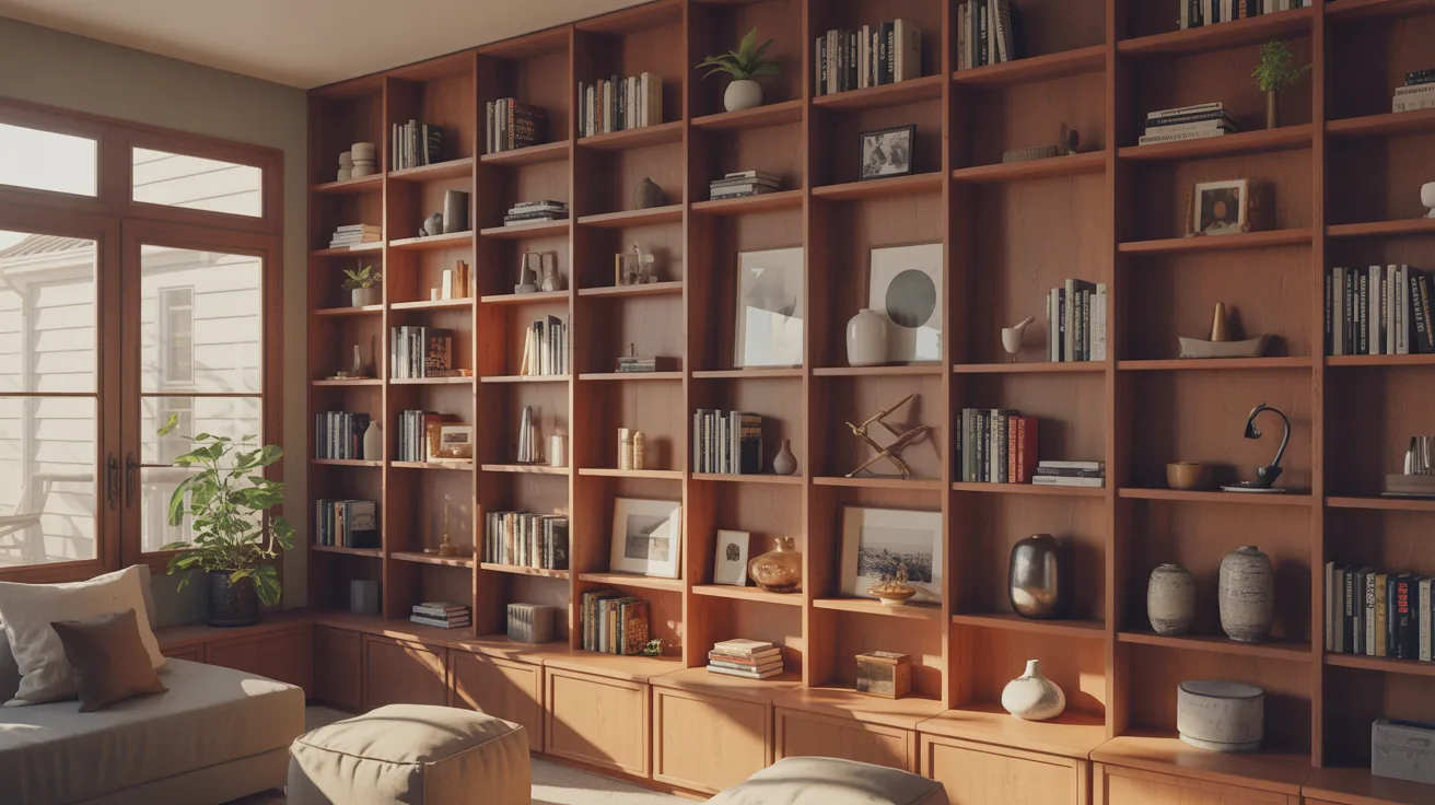 Warm, sunlit living room with floor-to-ceiling wooden bookshelves filled with books, plants, and decor. A cozy sectional and poufs invite relaxation.
