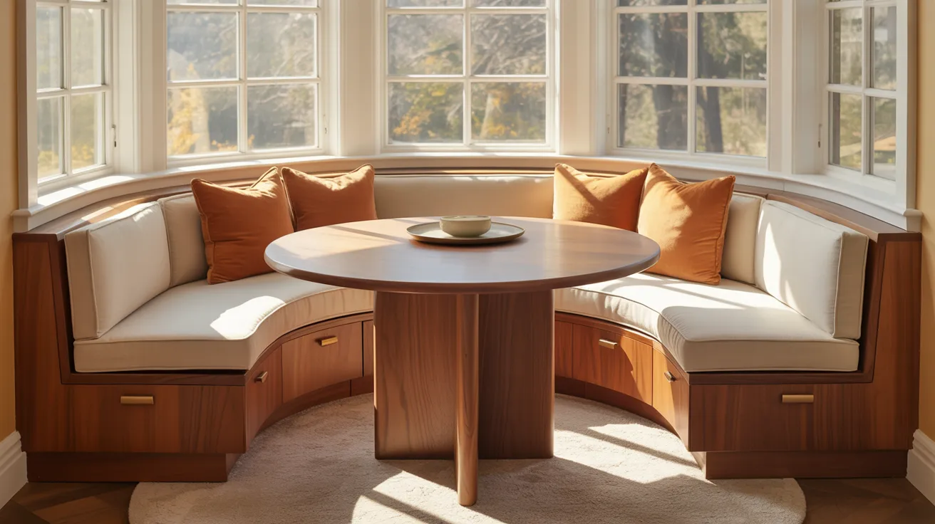 A round table surrounded by white cushions, with a cozy window seat in the background.
