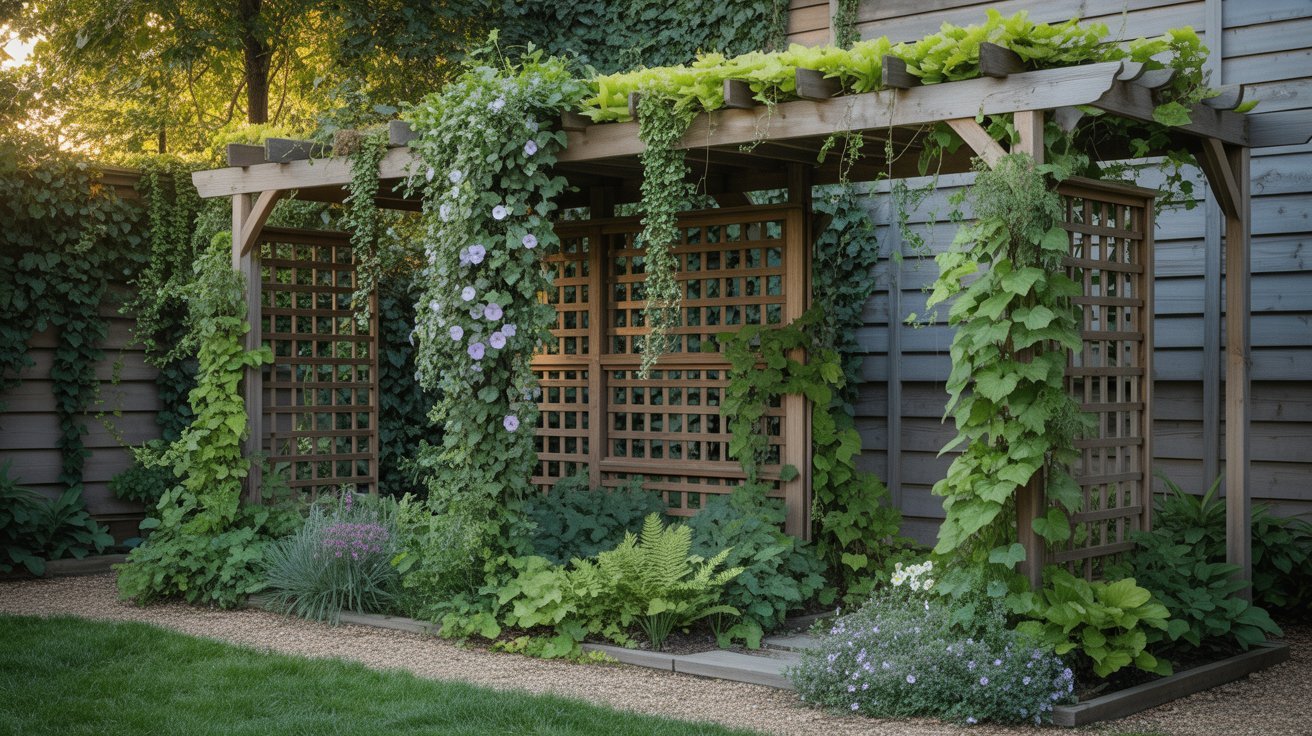 A wooden pergola in a garden with lush green climbing vines and purple flowers, surrounded by ferns and small plants. The scene feels peaceful and serene.
