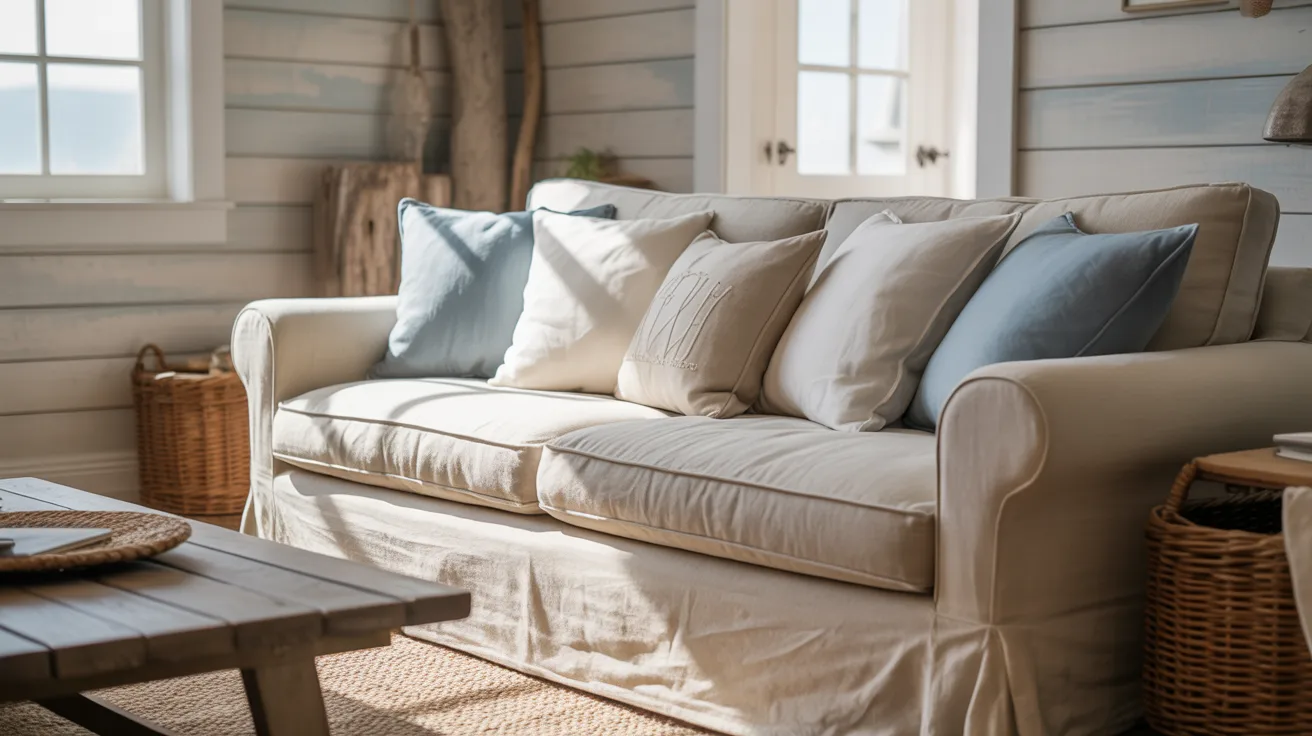 A cozy, sunlit living room with a beige sofa adorned with soft blue and white pillows. Rustic wooden table, wicker baskets, and soft light create a serene ambiance.