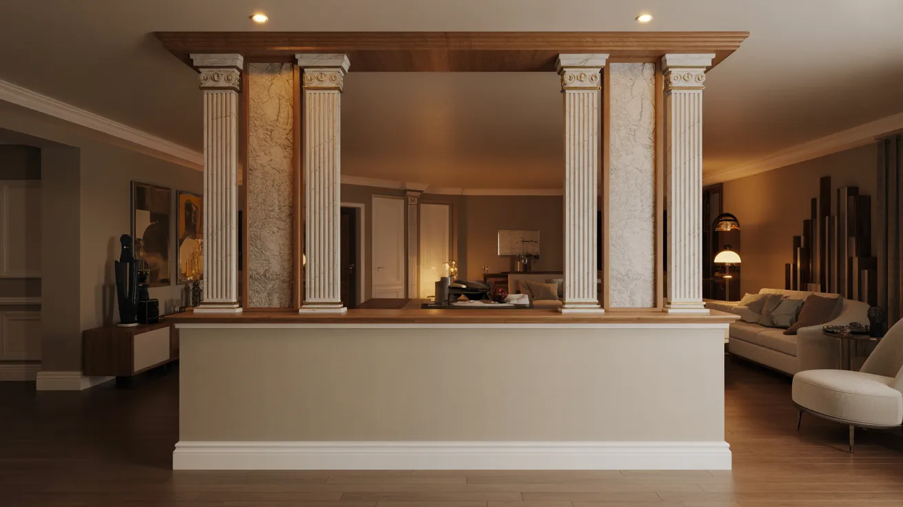 A luxurious living room with classic decor, featuring four ornate columns. Warm lighting, a beige sofa, and modern accents create a cozy atmosphere.