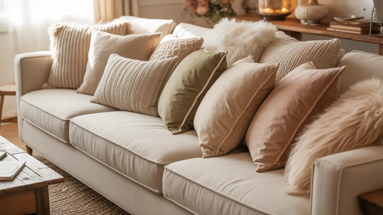 A cozy living room features a cream sofa adorned with a variety of textured pillows in beige, green, and blush tones, creating a warm and inviting atmosphere.