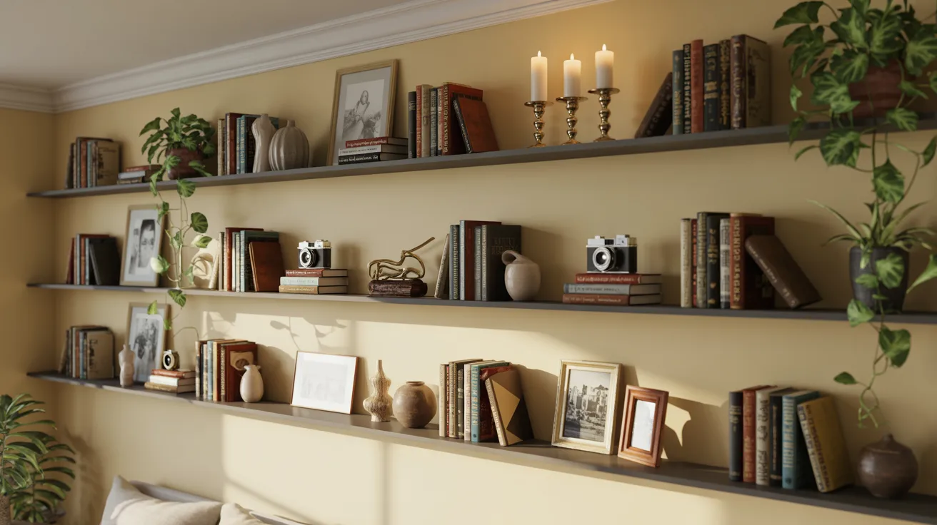 A cozy living room with yellow walls features three wall-mounted shelves adorned with books, small potted plants, decorative vases, cameras, picture frames, and lit candles, creating a warm, inviting ambiance.