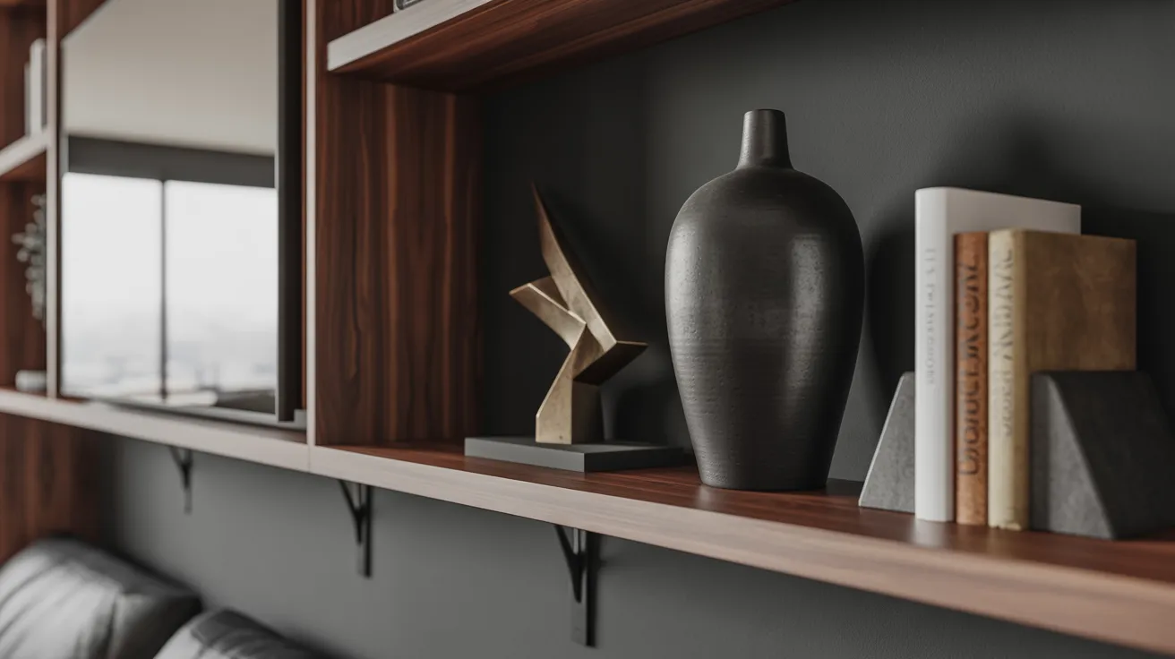 A shelf adorned with books and a vibrant vase, showcasing a cozy atmosphere.