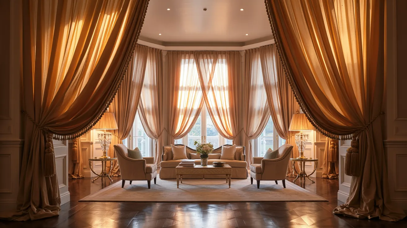  A spacious living room featuring a large window adorned with elegant curtains, allowing natural light to fill the space.