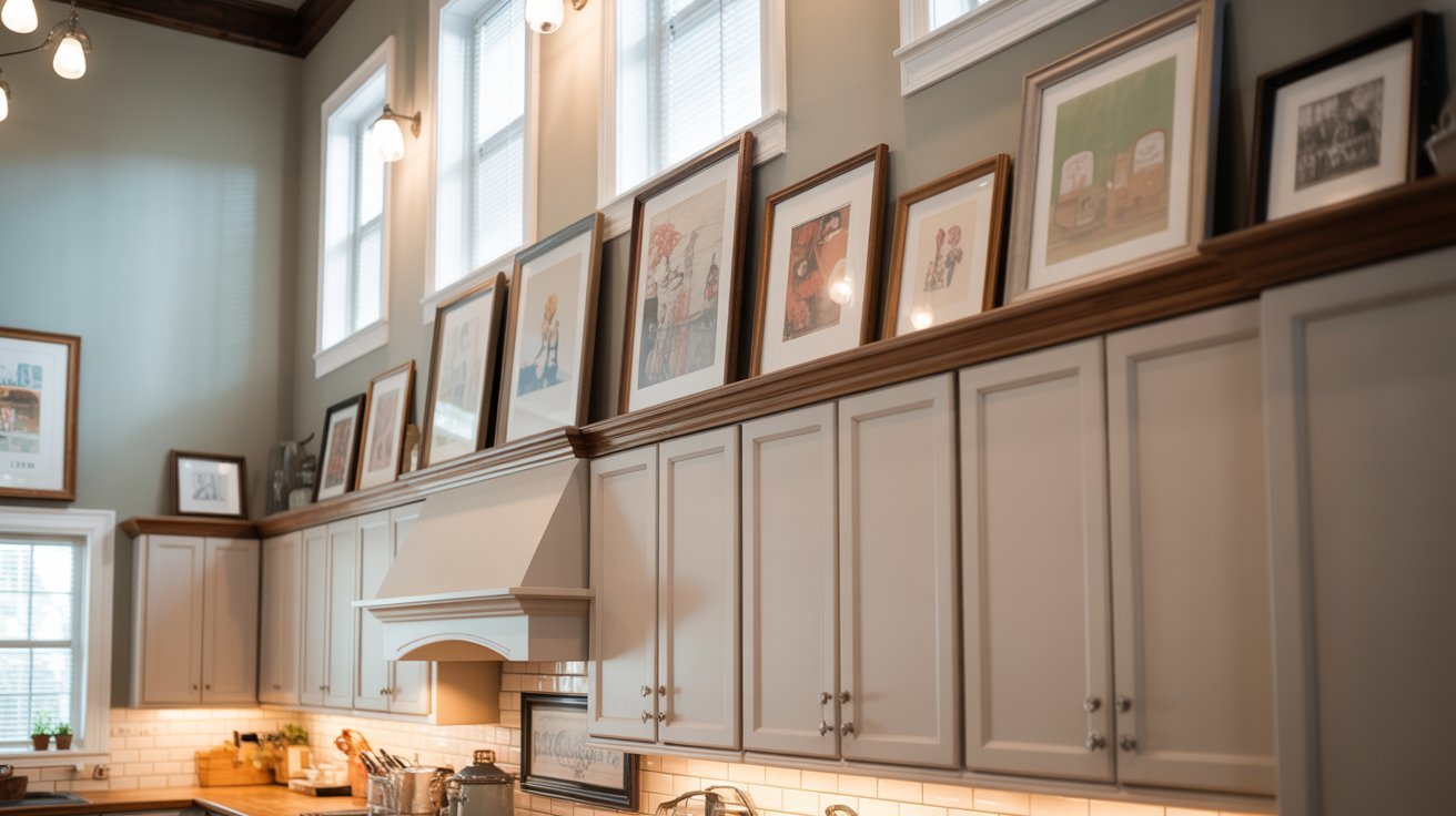 A kitchen featuring numerous pictures displayed on the walls, creating a vibrant and personalized atmosphere.