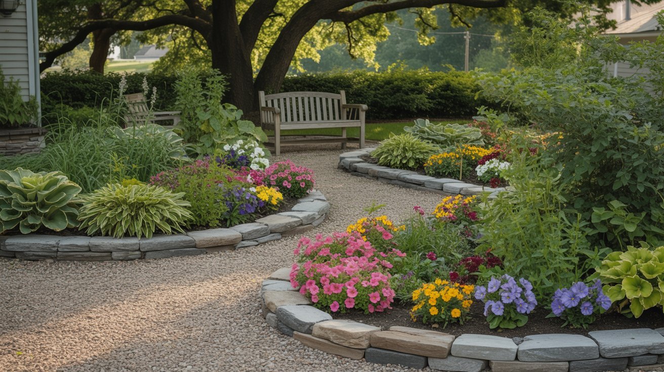 A serene garden with circular flowerbeds of vibrant pink, yellow, and purple blooms. A wooden bench sits under a large tree, creating a tranquil scene.