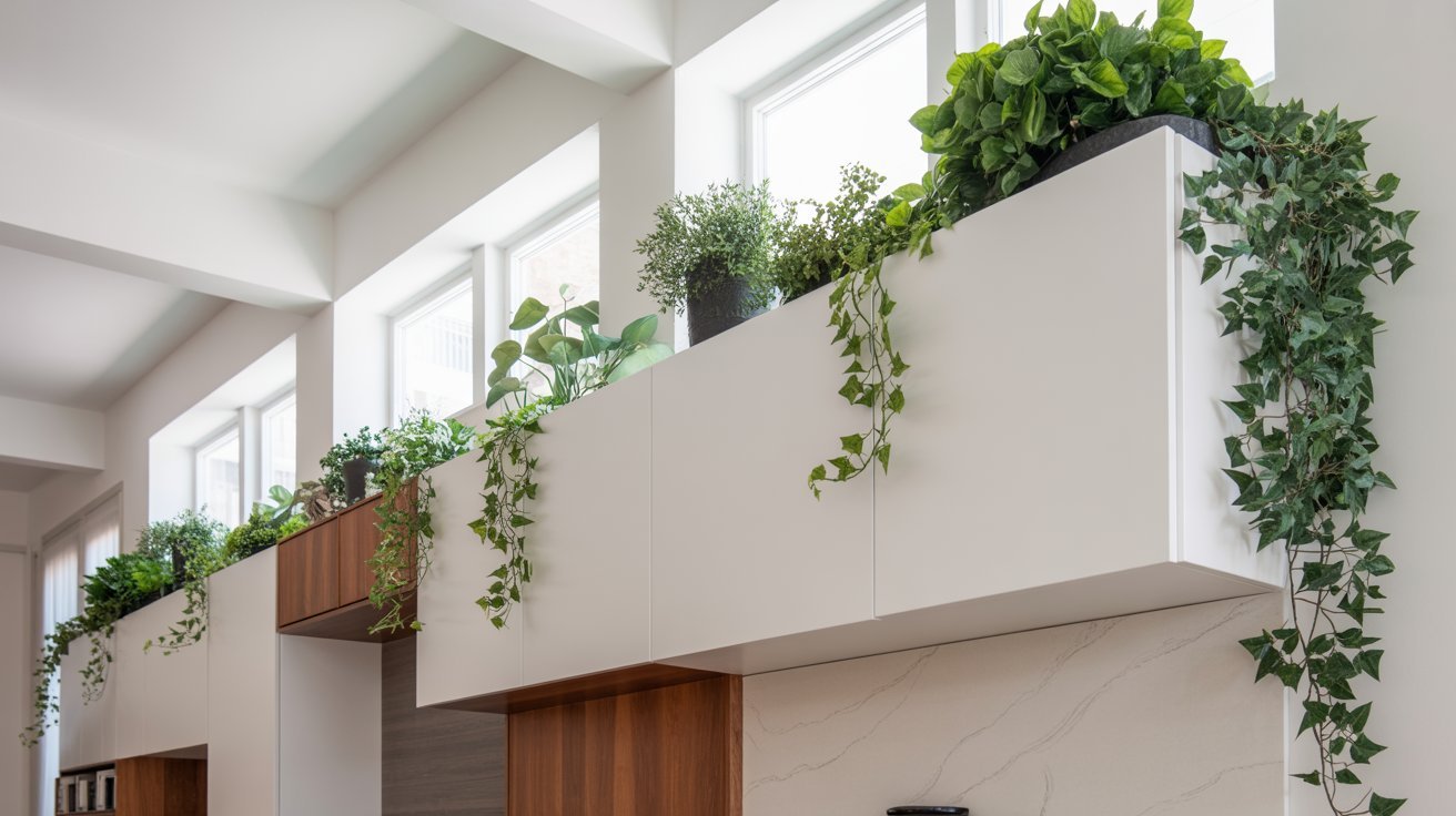 Kitchen cabinets adorned with lush green plants and hanging ivy, beneath a row of large windows. The space feels fresh and inviting.
