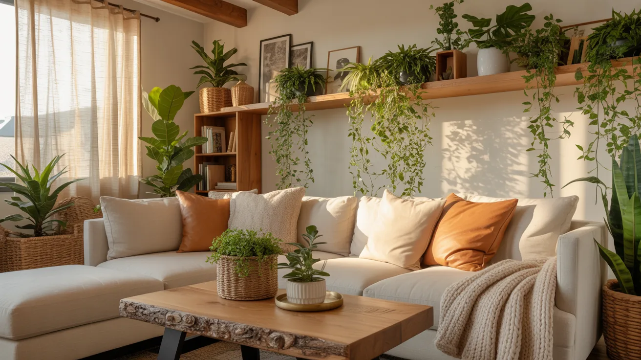 A cozy living room with a cream sectional sofa adorned with white and orange cushions. Lush green plants on shelves and a wooden coffee table create a serene, natural vibe.