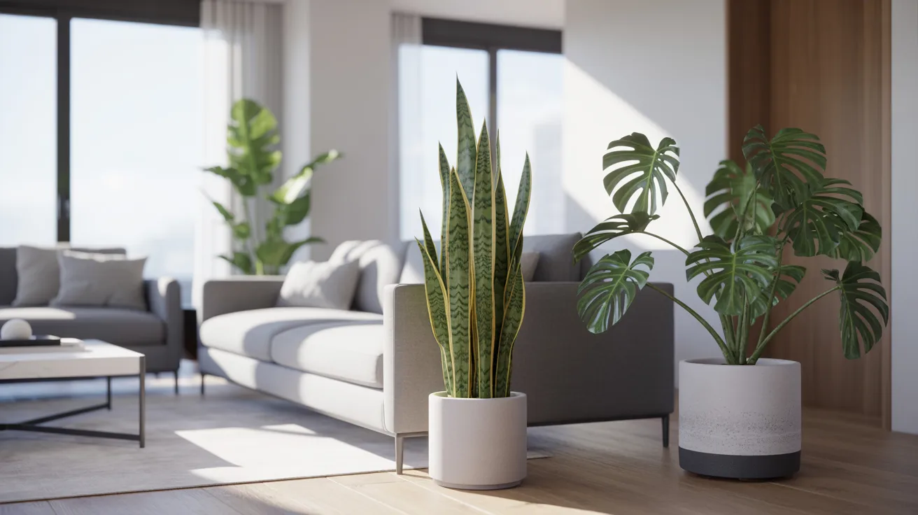 Three potted plants arranged in a cozy living room, adding greenery and warmth to the space.