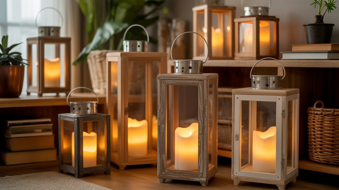 A cozy room scene with glowing candles in rustic lanterns of varying sizes on a wooden shelf. Lush green plants and books add warmth and tranquility.