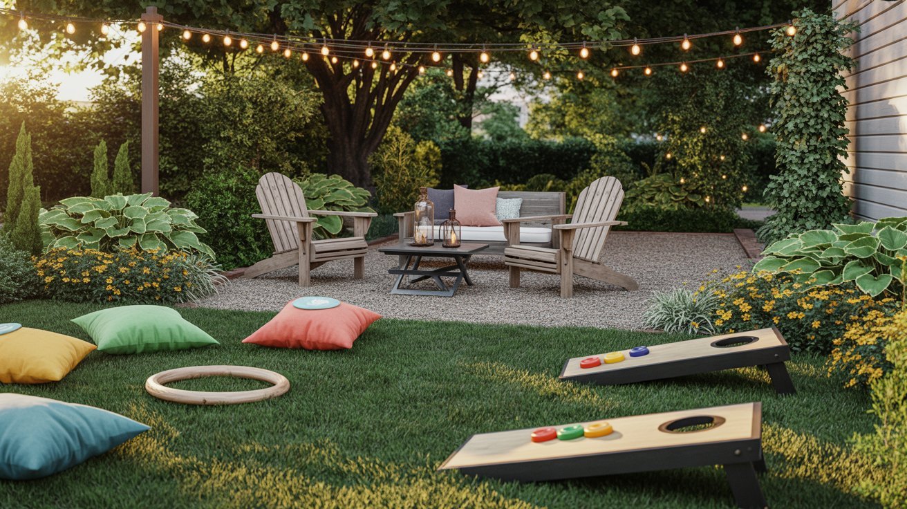 Backyard scene with string lights, Adirondack chairs, and a small table on gravel. Cushions and cornhole boards are on the grass, creating a cozy, inviting atmosphere.