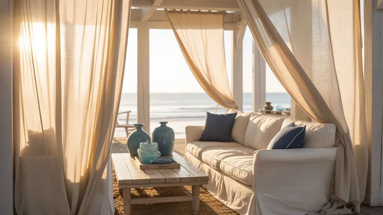 A cozy beachside cabana with white sofas, blue cushions, and sheer beige curtains framing an ocean view. Soft light and vases add to a serene atmosphere.