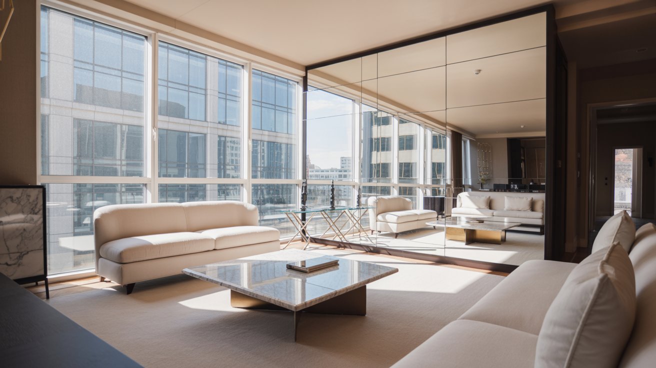 Luxurious living room with white sofas, large glass windows offering city views, a mirrored wall, and a sleek marble coffee table, exuding elegance.