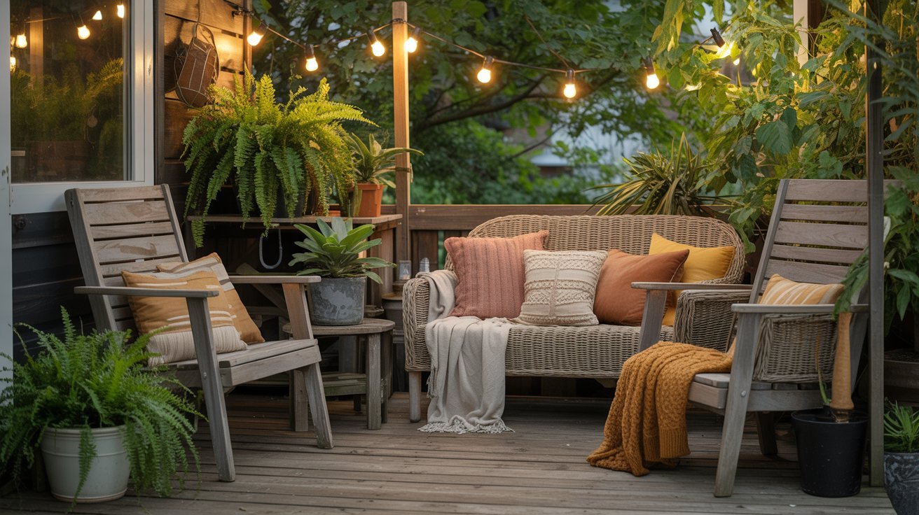 A cozy patio features wooden chairs, a wicker sofa with colorful cushions, and potted plants. Warm string lights create a relaxed evening ambiance.
