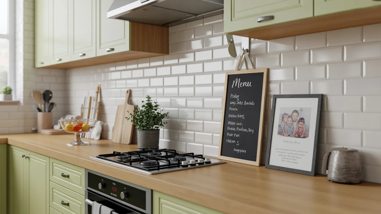 A kitchen featuring green cabinets and a chalkboard on the wall, creating a vibrant and functional cooking space.