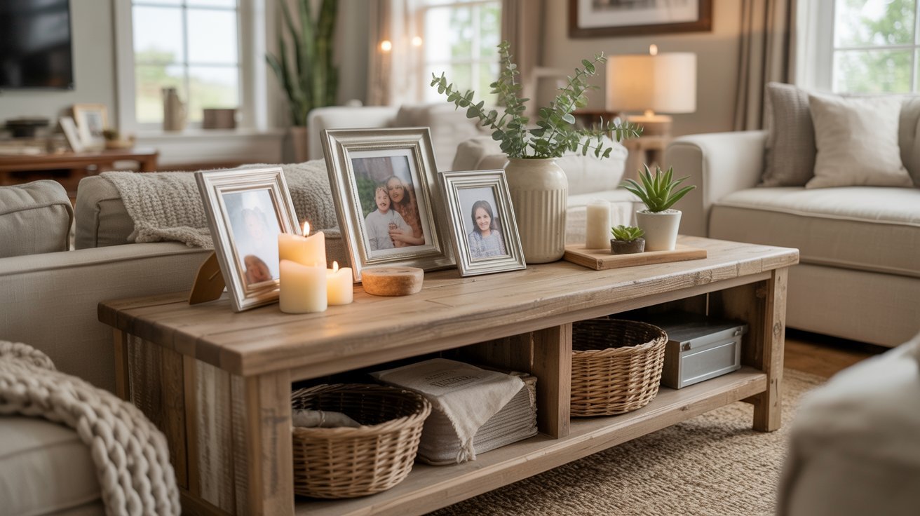 A cozy living room with a wooden coffee table displaying framed family photos, lit candles, and potted plants. Soft sofas and relaxed decor create a warm atmosphere.
