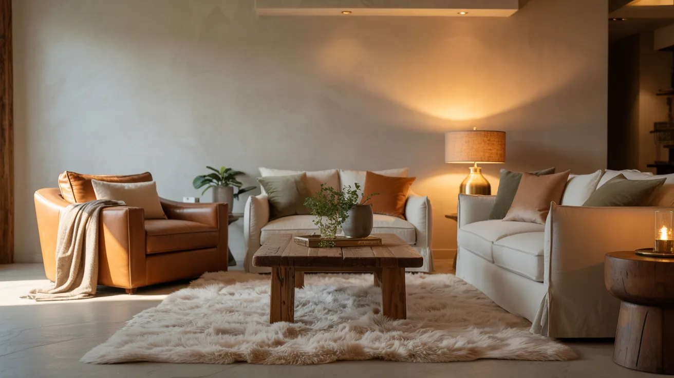 Cozy living room with neutral tones features a leather armchair, two beige sofas, a wooden coffee table, soft rug, and warm lighting from a table lamp.