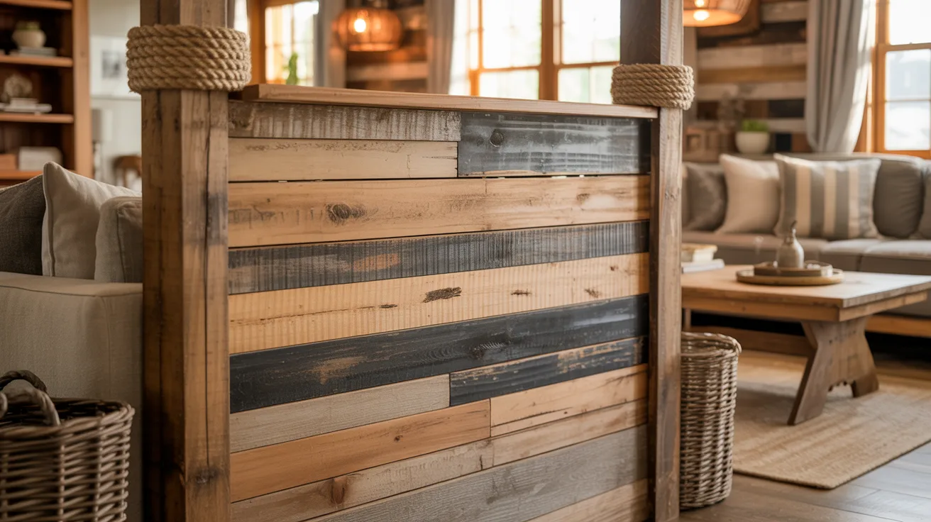Cozy living room with rustic decor, featuring a wooden reception desk with varied panels. Warm lighting, cushioned sofa, and a wooden coffee table.