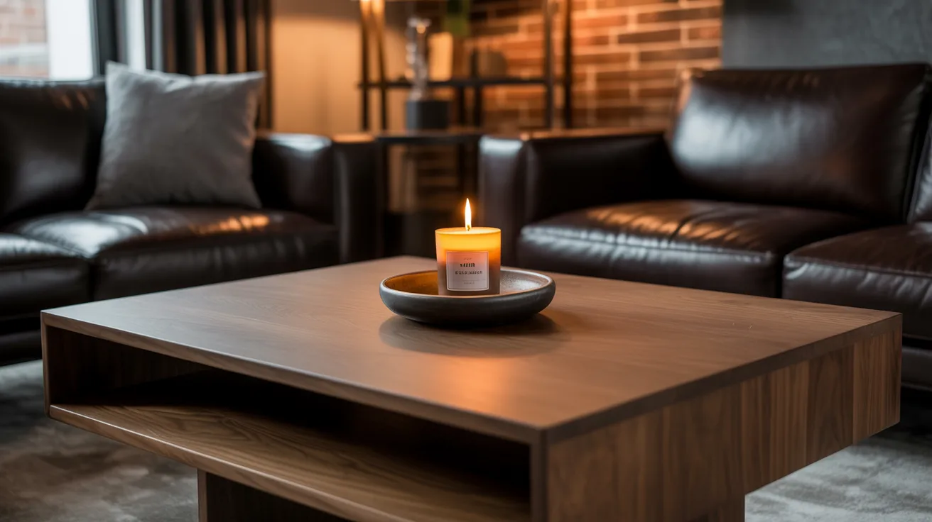 A candle on a table in front of two leather couches, creating a cozy and inviting atmosphere.