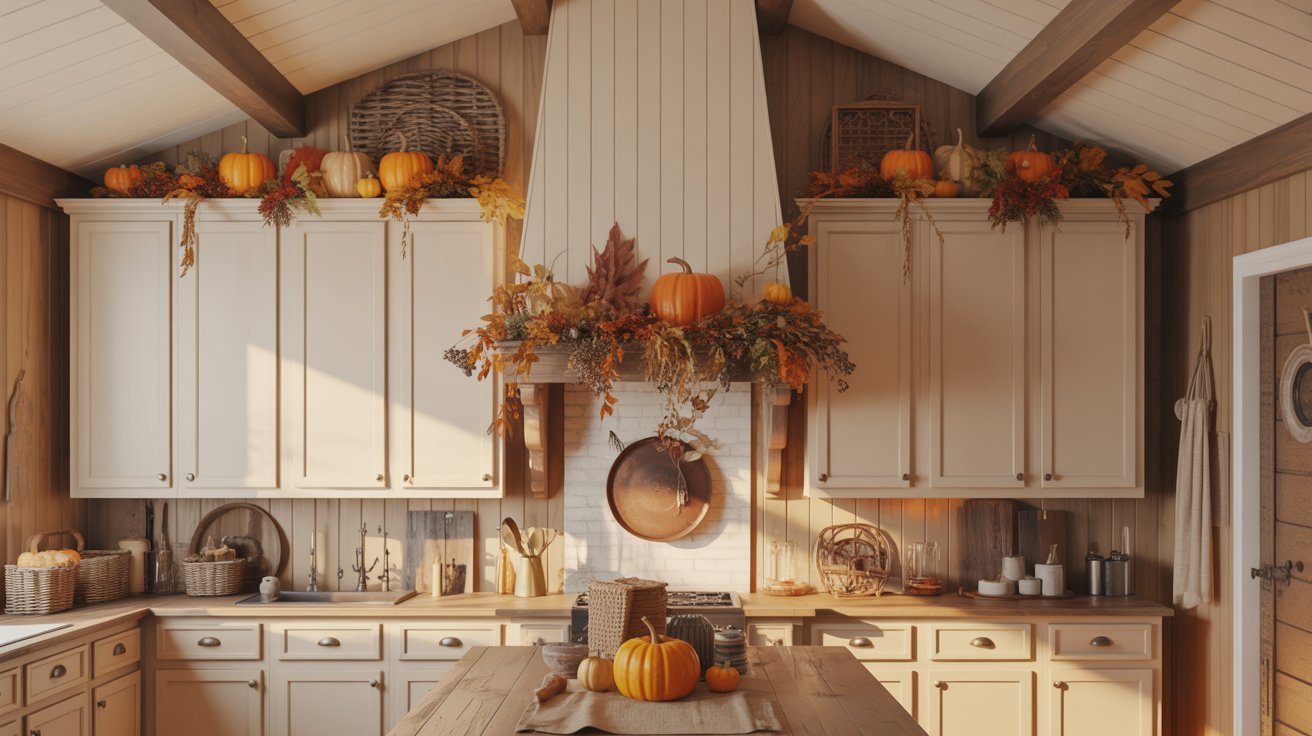 A bright kitchen featuring white cabinets and decorative pumpkins hanging from the ceiling.