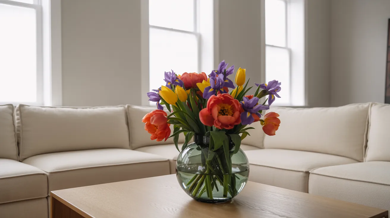 A vase of colorful flowers on a table in front of a couch, creating a cozy living room atmosphere.s