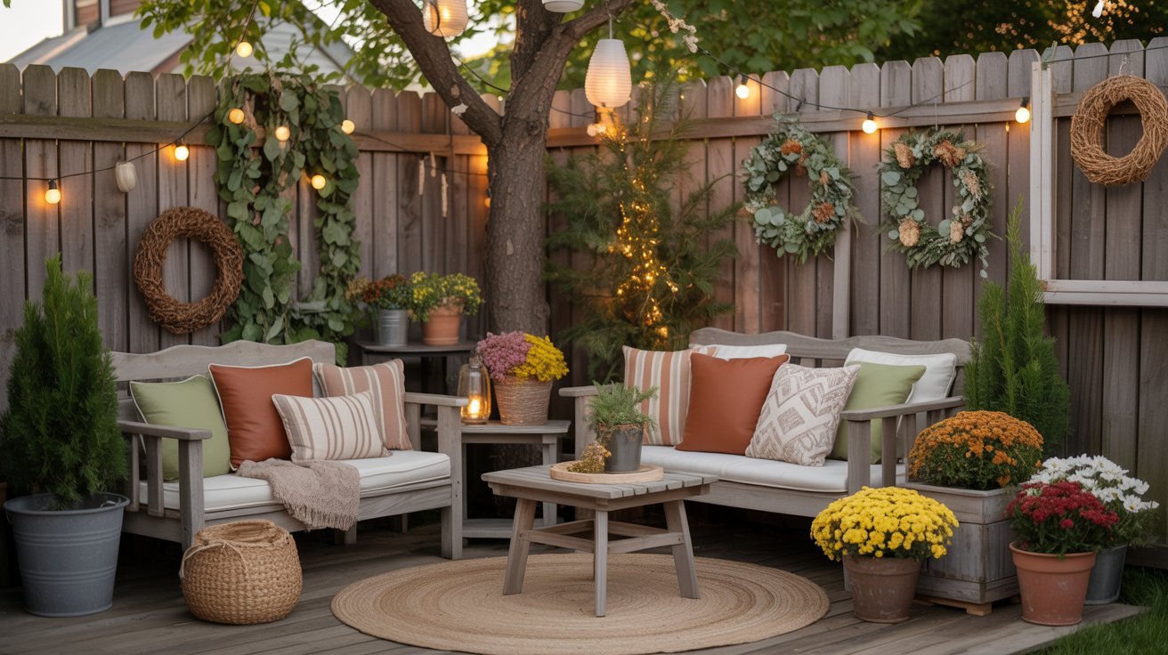 Cozy patio scene with white and orange cushioned seating, surrounded by potted flowers. Warm string lights and decorative wreaths create a welcoming ambiance.