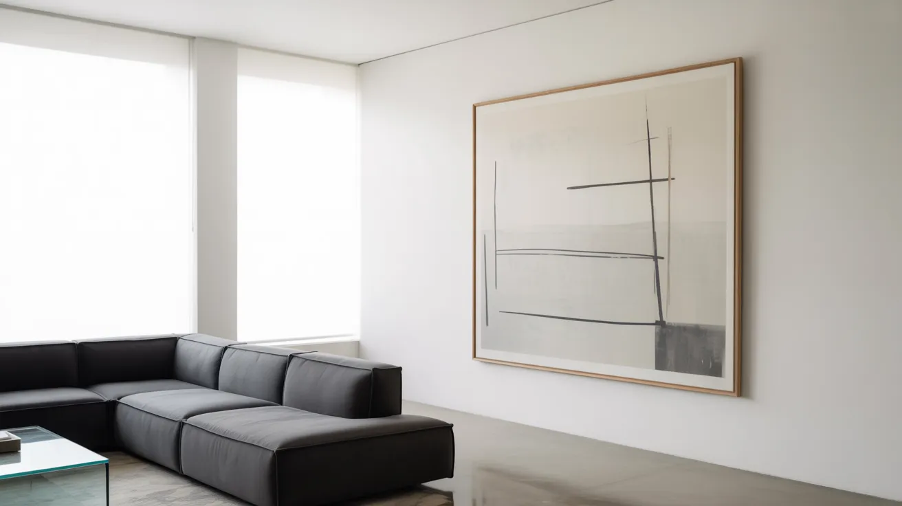 A minimalist living room with a large black sectional sofa. Two tall windows and a modern abstract painting with black lines on a white wall create a serene atmosphere.