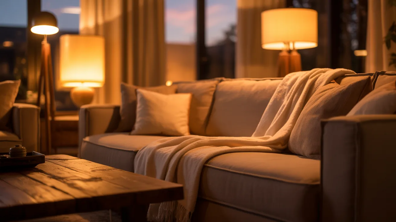 A cozy living room with a plush beige sofa, soft pillows, and a draped blanket. Warm lamplight creates a peaceful, inviting evening ambiance.