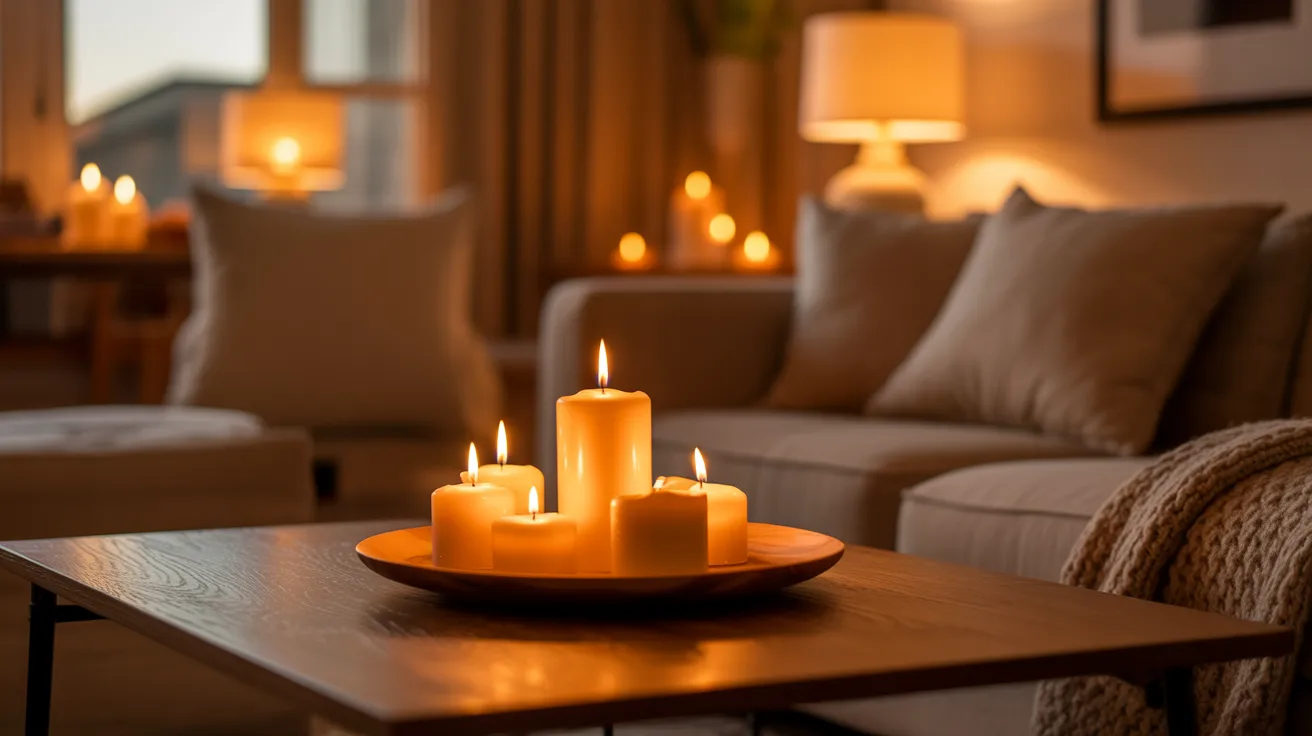 Lit candles create a warm ambiance in a cozy living room setting.