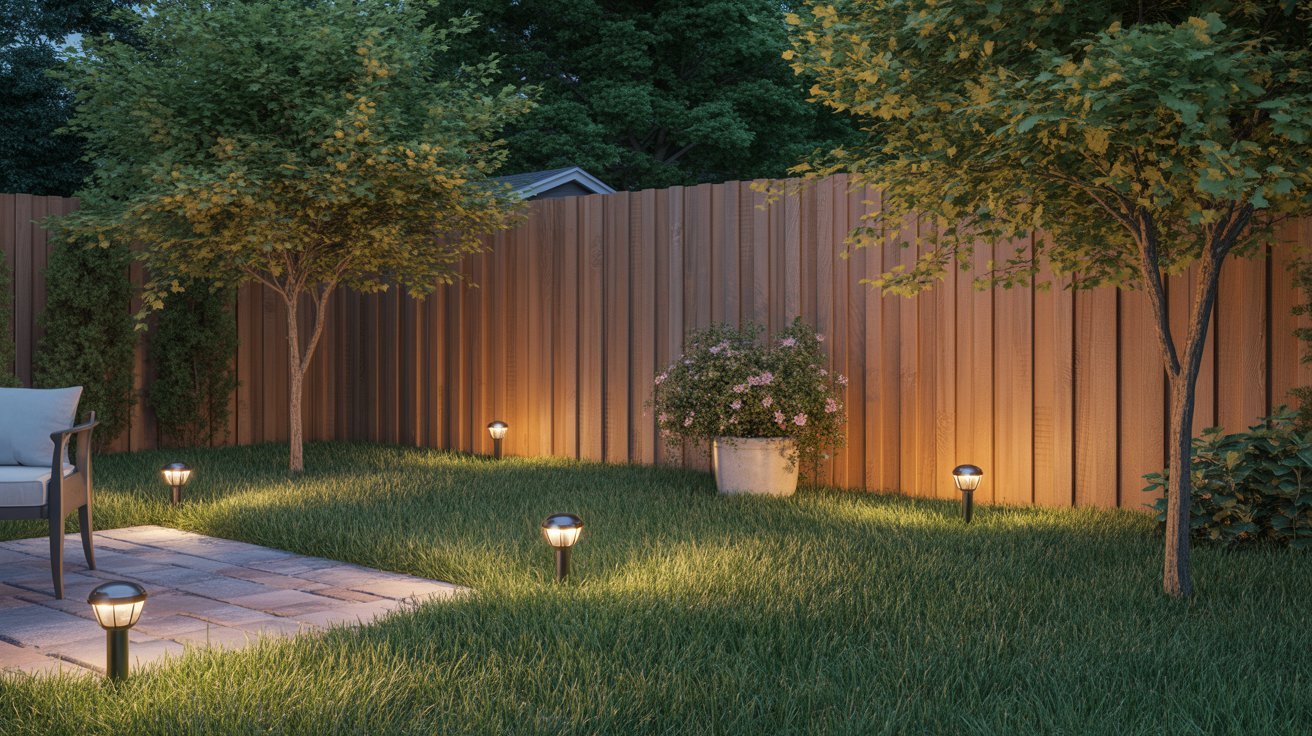 Tranquil backyard scene with soft lights lining a patio, lush grass, trees, and a wooden fence, conveying a serene, welcoming evening atmosphere.