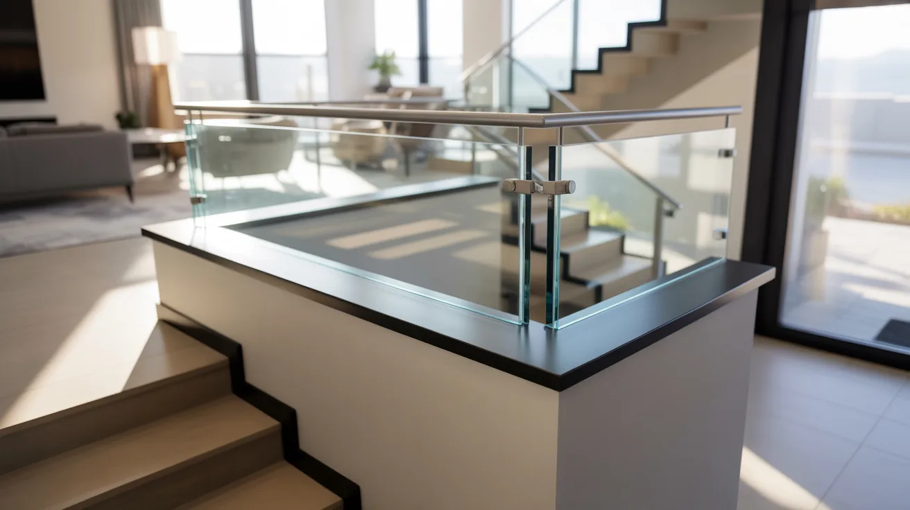 Modern interior with a sleek glass railing on a staircase. Sunlight streams through large windows, creating a bright and airy ambiance in the living space.