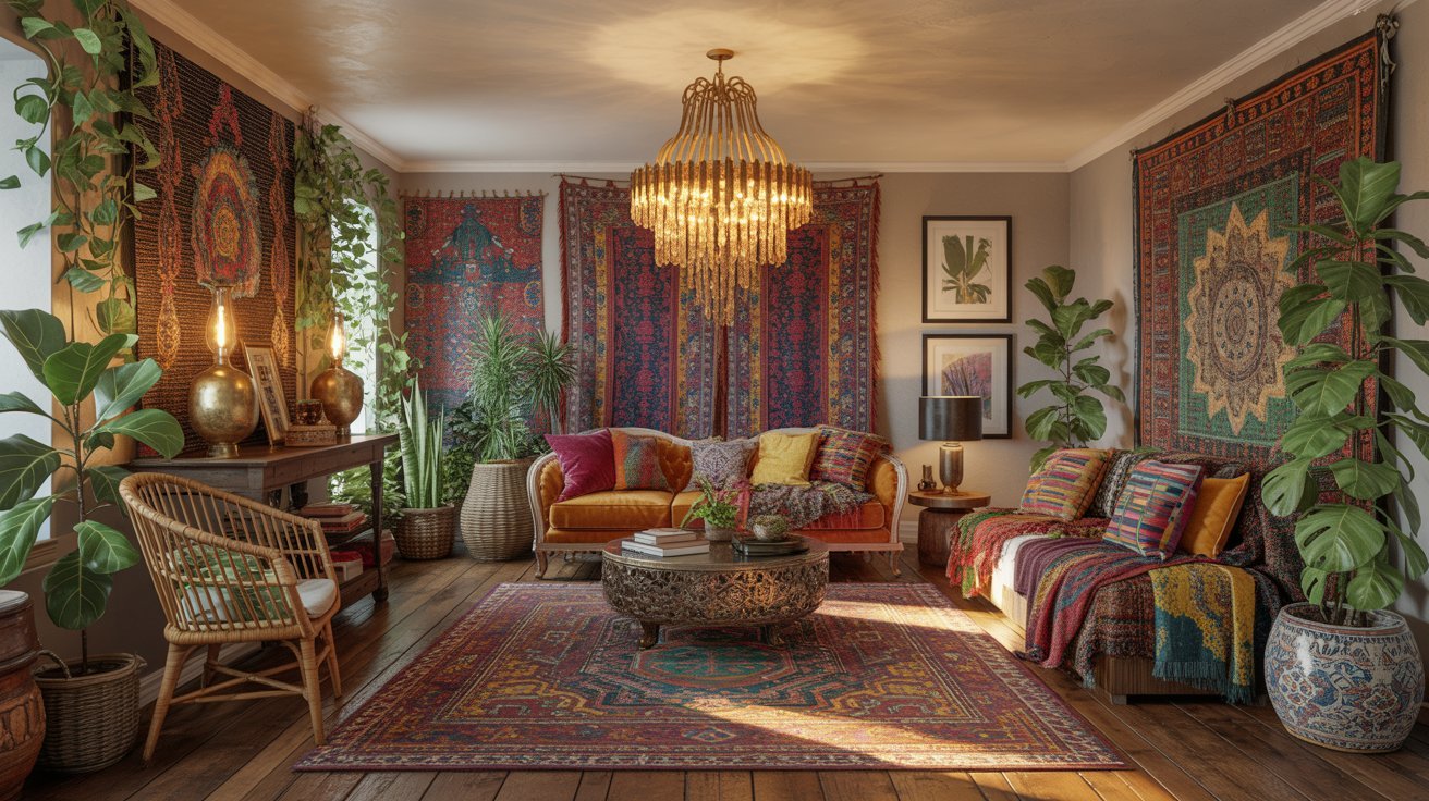 A cozy living room with vibrant, patterned tapestries on the walls and floor, colorful cushions on a plush sofa, lush plants, and a warm chandelier.