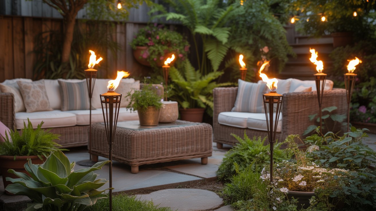 Cozy outdoor patio with wicker furniture, surrounded by lush plants and tiki torches. Warm lighting creates an inviting, tranquil evening atmosphere.