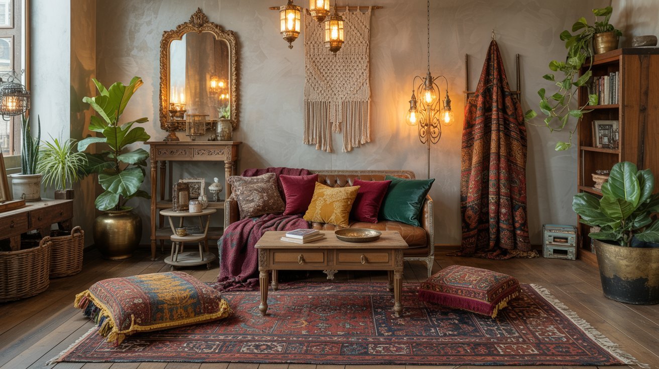 Cozy living room with bohemian decor; includes a sofa with colorful cushions, vintage lamps, macramé wall art, and vibrant rugs. Earthy tones create warmth.