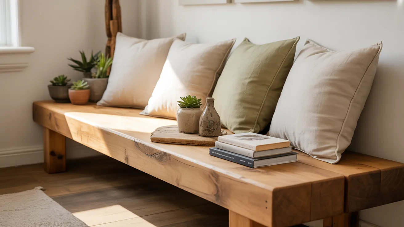 A wooden bench adorned with colorful pillows and stacked books, inviting relaxation and reading.