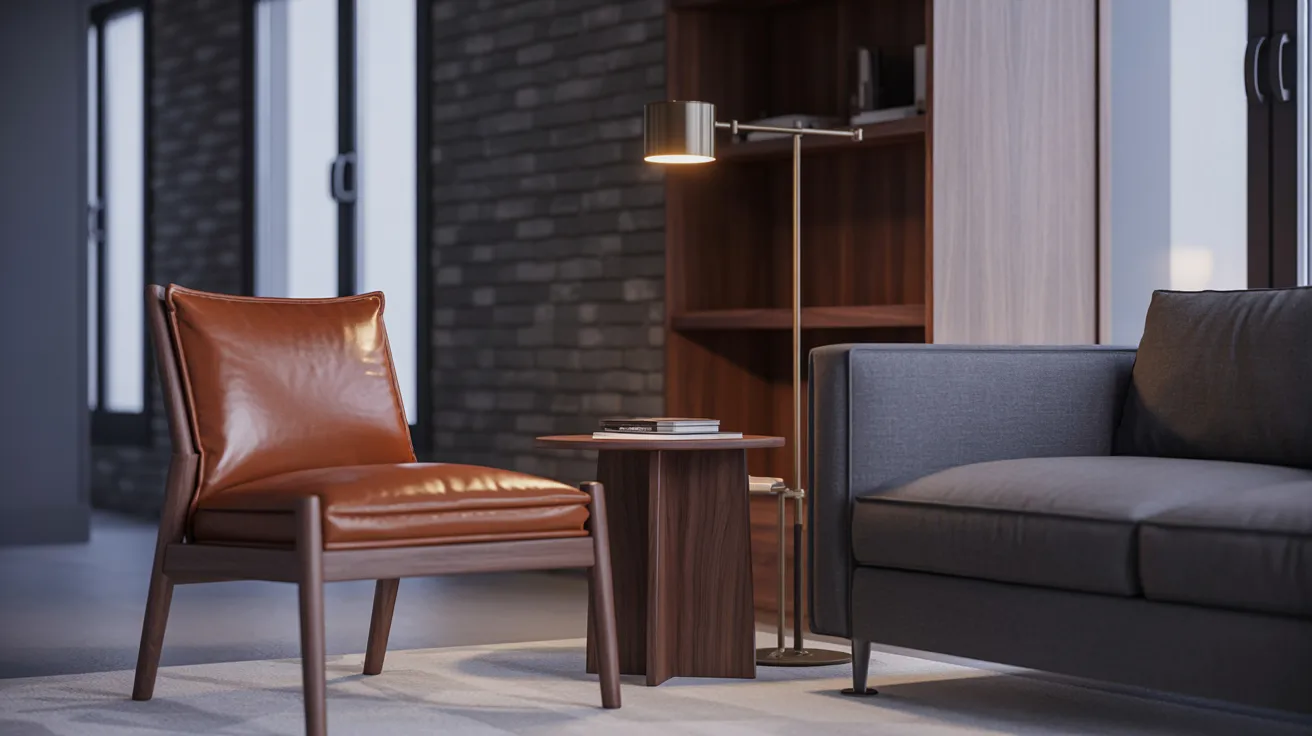 A cozy living room scene with a brown leather chair next to a modern gray sofa. A wooden side table and standing lamp add a warm, contemporary feel.