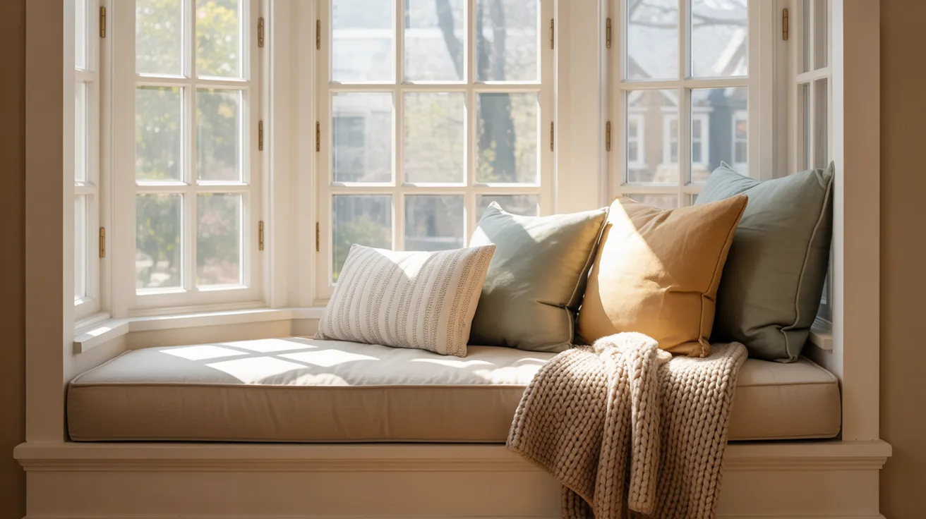  A cozy window seat adorned with colorful pillows and a soft blanket, inviting relaxation and comfort.