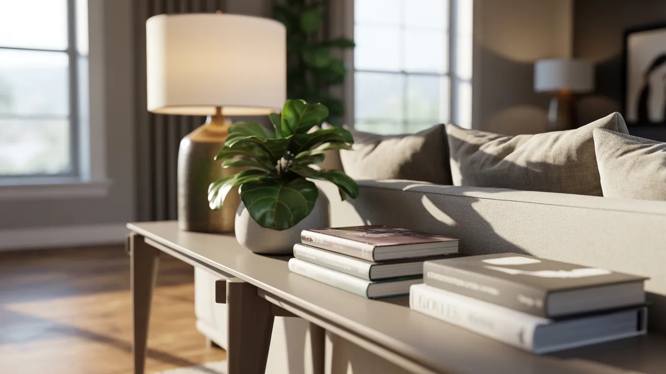 A cozy couch with a table of books positioned in front of a large window, allowing natural light to fill the space.