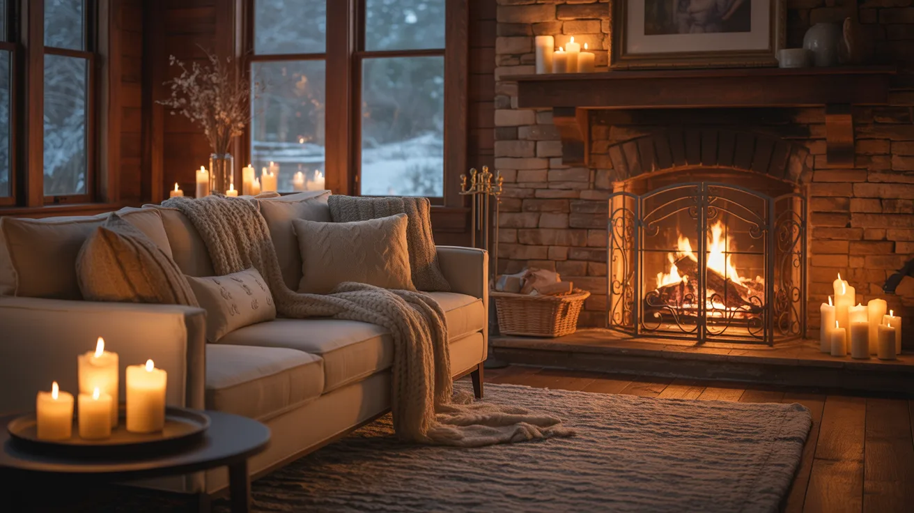 Cozy living room with a burning fireplace surrounded by candles. A plush sofa and warm blanket create a serene, inviting ambiance. Snowy scene outside.