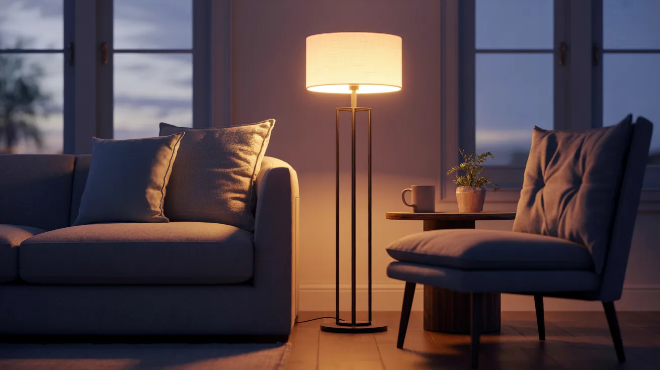 A cozy living room featuring a lamp beside a comfortable couch, creating a warm and inviting atmosphere.