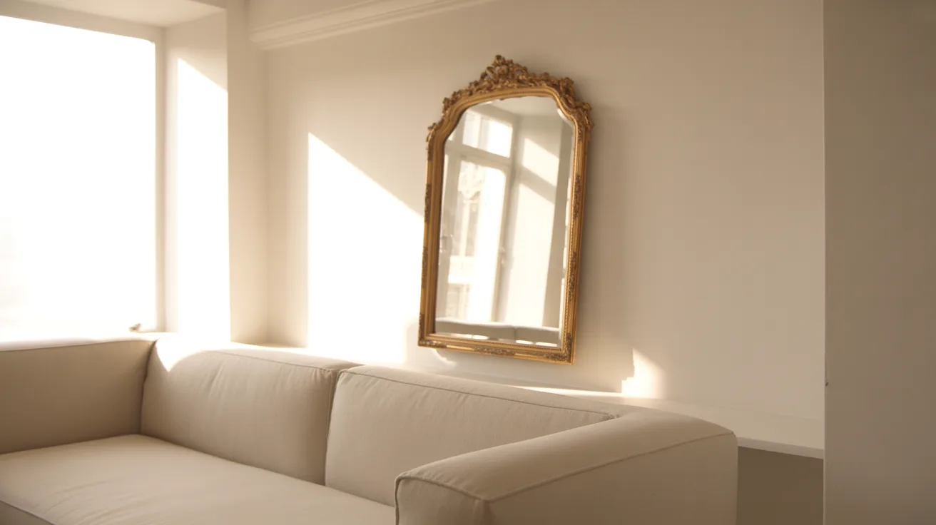 A white couch positioned in front of a large window, allowing natural light to fill the room.