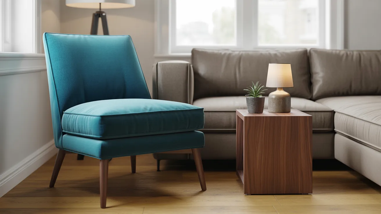 A teal chair next to a table, creating a welcoming atmosphere in a living room