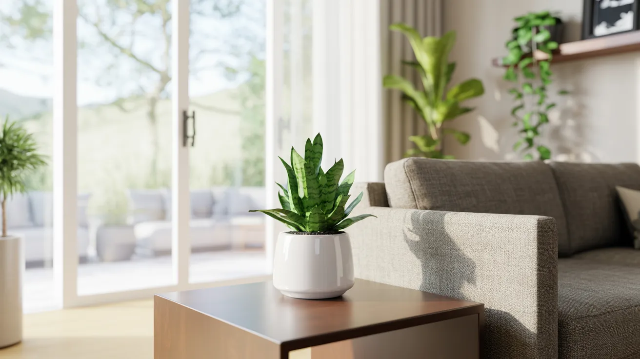 A cozy living room featuring a couch, a table, and a vibrant potted plant in the corner.