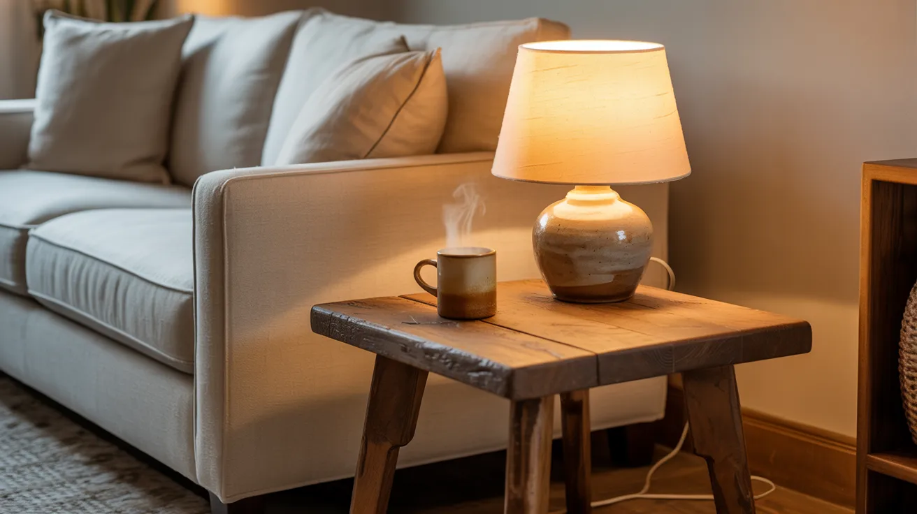 A lamp rests on a coffee table next to a comfortable couch in a stylish living area.