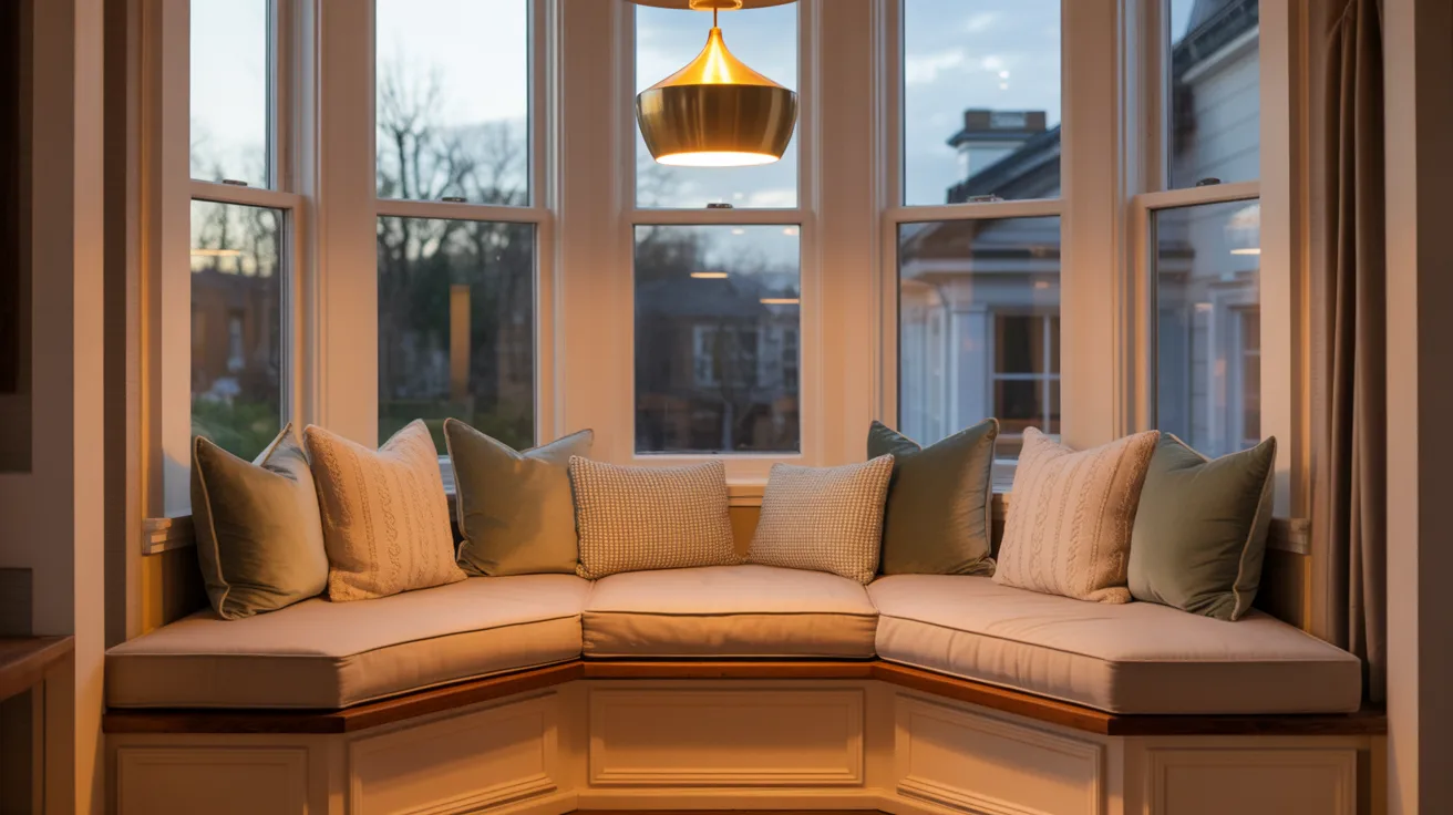 Cozy window nook with a cushioned L-shaped bench, adorned with soft pillows. A warm, golden pendant light hangs above. Outside, evening sky visible.